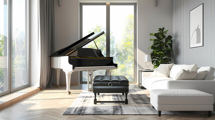 A grand piano sits in a modern living room, bathed in sunlight streaming through large windows. The white couch and plush ottoman add to the elegant and sophisticated ambiance of the space.