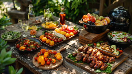 Obraz premium Backyard dining table with delicious barbecue meat, fresh vegetables and salad
