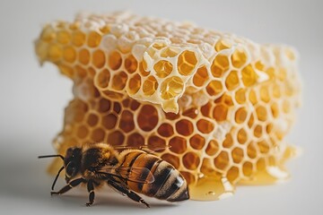 Close-Up of Honeycomb and Bee: Nature's Sweet Creation