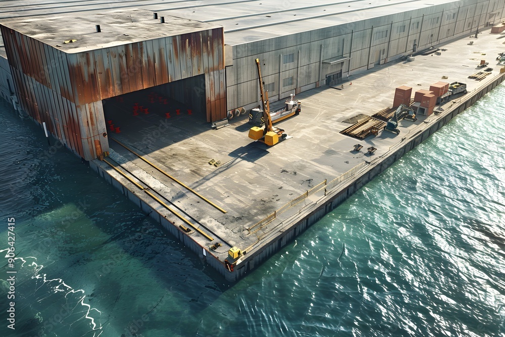 Poster aerial view of a rusty industrial dock with cranes and shipping containers