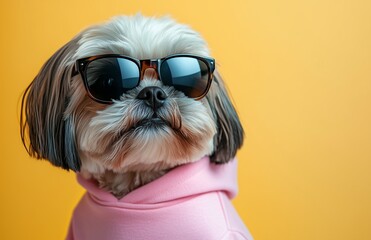 Cute shih tzu dog in pink sweatshirt and sunglasses on pastel background