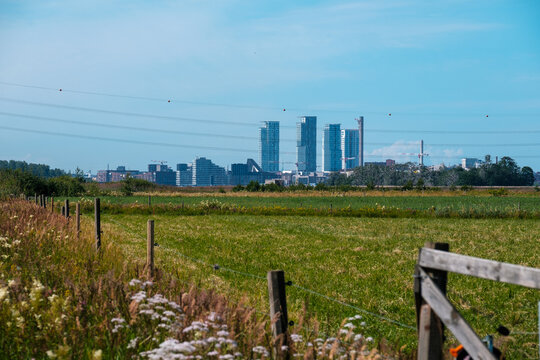 Modern tall buildings and a city skyline meeting rural environment.
