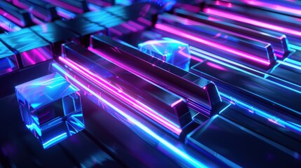 Fototapeta premium Neon Lights Reflecting on Geometric Shapes