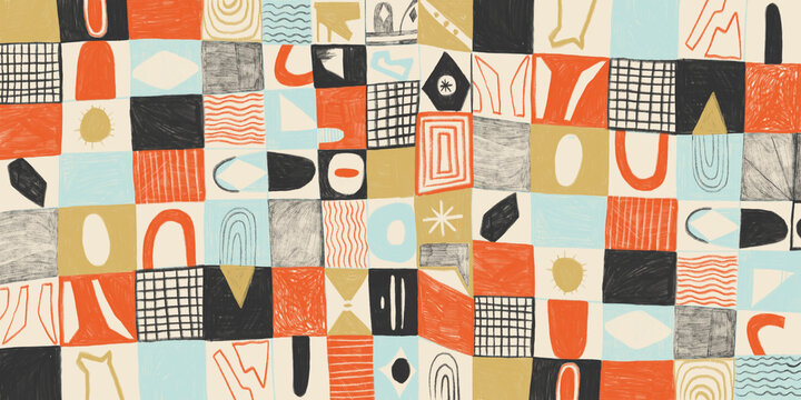 Colorful abstract patchwork illustration with pencil textures