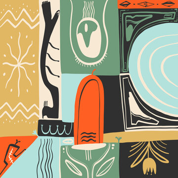 Pencil-drawn abstract patchwork illustration