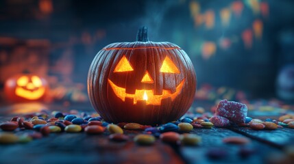 A glowing jack-o'-lantern surrounded by colorful candies, embodying the spirit of Halloween in a festive and spooky atmosphere.