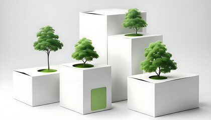 Ecological design with trees and cardboard white boxes on white background


