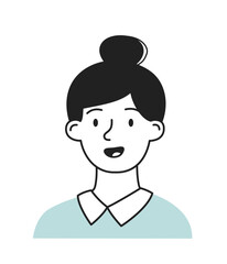 Minimalist social media avatar. Cute teen girl. Picture for social networks and messenger. Icon for website. Schoolgirl in blue dress. Linear vector illustration