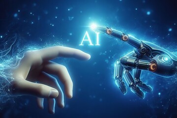 AI Human Connection, Futuristic Collaboration, Digital Synergy, Technology Partnership, Innovation Handshake, Blue Glow Concept, AI and Human, Future of Work, Artificial Intelligence,