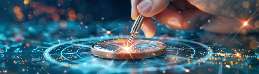Obraz premium A person is drawing a circle with a pen on a piece of paper. The circle is surrounded by a lot of stars and the pen is pointing towards the center of the circle. Concept of creativity and imagination