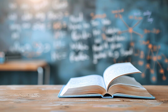 A book is open on a desk in front of a chalkboard with math equations. Scene is educational and focused on learning
