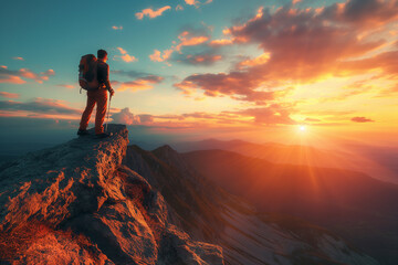 Fototapeta premium Male climber climbing a mountain standing on the top of a cliff enjoying the sunset view