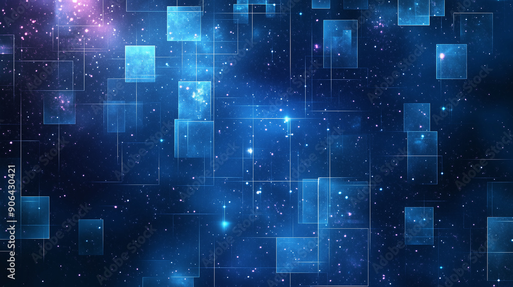 Poster a blue background with a lot of squares and stars. the squares are in different sizes and colors