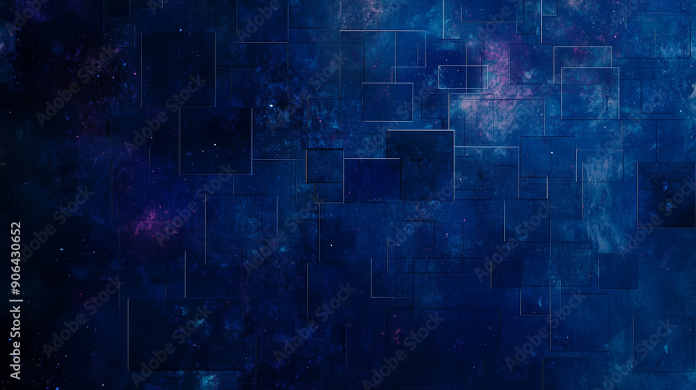 Poster a blue background with a lot of squares and stars. the squares are in different sizes and colors