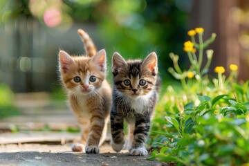 Obraz premium Two kittens walking on a sidewalk in front of a flower garden. The kittens are orange and black