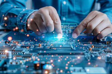 Obraz premium A person is working on a computer chip, with a blue background. Concept of focus and concentration, as the person is carefully handling the delicate electronic component