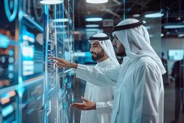 Arab business men wearing traditional emirate clothing working in futuristic office