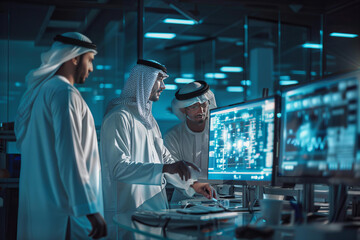 Arab men wearing traditional emirate clothing working in the office - Middle eastern businessmen brainstorming at work