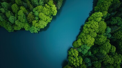 Naklejka premium A beautiful view of a river with trees on both sides. The water is blue and calm. The trees are lush and green, creating a serene and peaceful atmosphere
