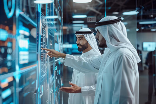 Arab business men wearing traditional emirate clothing working in futuristic office