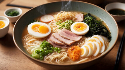 steaming bowl of high-quality ramen, showcasing the rich, golden broth, tender noodles