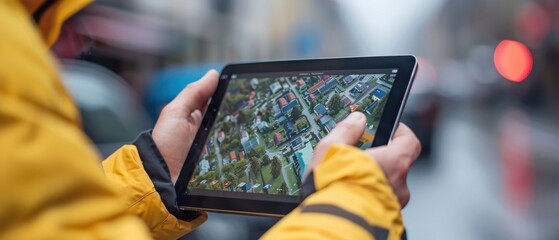 Person in yellow jacket using tablet with city map on screen, exploring urban area on a rainy day.