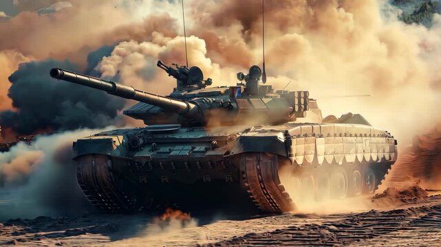 Tank moving through smoke and dust in battle, displaying power and resolve