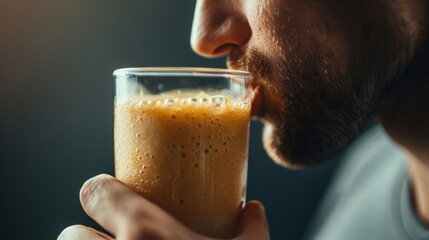 A man is drinking a glass of juice. The juice is orange and has bubbles in it. The man is holding the glass with his right hand and is taking a sip from it