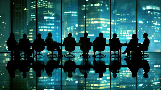 Silhouettes of business people having a meeting in a modern office with a city skyline at night in the background, emphasizing urban corporate life. - Powered by Adobe