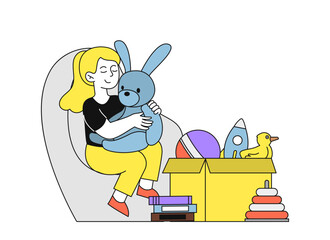 Child with toys. Girl sits with soft rabbit near cardboard box with pyramids. Fun and leisure indoors. Kid in childrens room. Linear vector illustration