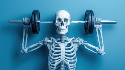 A skeleton is lifting a weight with its arms. The skeleton is wearing a blue shirt. Concept of humor and lightheartedness