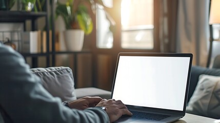 Fototapeta premium Close up of man typing on laptop with blank white screen in modern living room for Marketing and Advertising