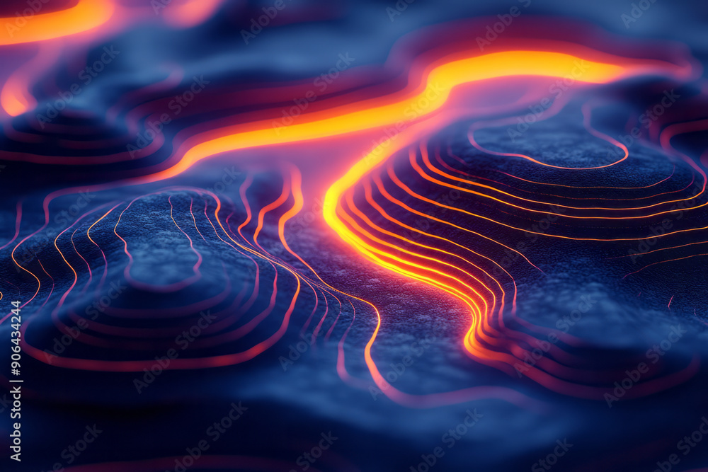 Poster clean and modern image of multicolored topographic lines with neon yellow accents, illuminating the 
