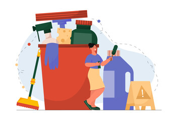 Woman with cleaning equipment. Young girl with large bucket, mops and cleaning products. Cleanliness and hygiene. Housewife and maid. Flat vector illustration