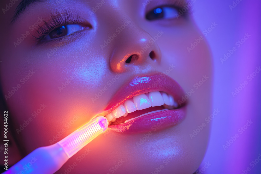 Poster clean and modern image of a person using a teeth whitening led device, highlighted by soft, ambient 