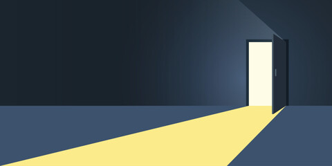 Open door with light icon in flat style. Dark room vector illustration on isolated background. Doorway entrance sign business concept. © Lysenko.A