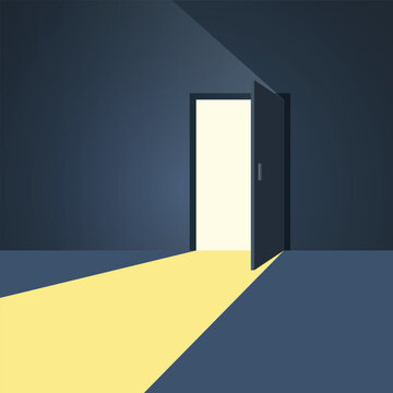 Open door with light icon in flat style. Dark room vector illustration on isolated background. Doorway entrance sign business concept.