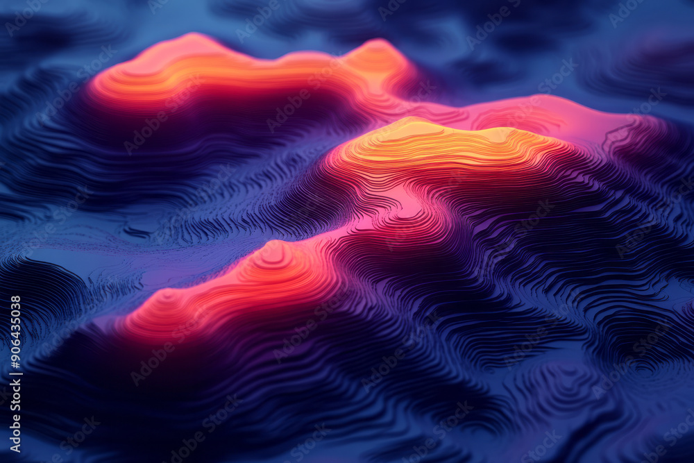 Poster minimalist depiction of neon red and blue topographic lines, creating a vibrant and dynamic abstract