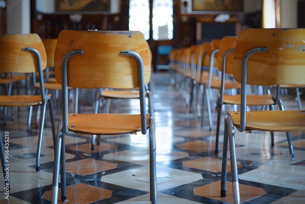 Poster a serene classroom setting with rows of empty chairs