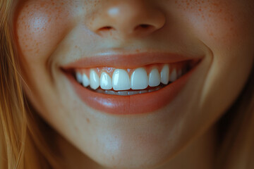 Minimalist aesthetic of a person smiling with perfectly aligned and whitened teeth, highlighted by natural light,