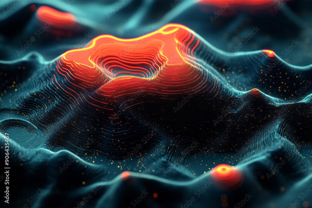 Poster minimalist representation of glowing neon red and green topographic lines, creating a bold and strik