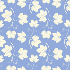 Grape vine with leaves pattern, vine silhouette on blue pastel background.