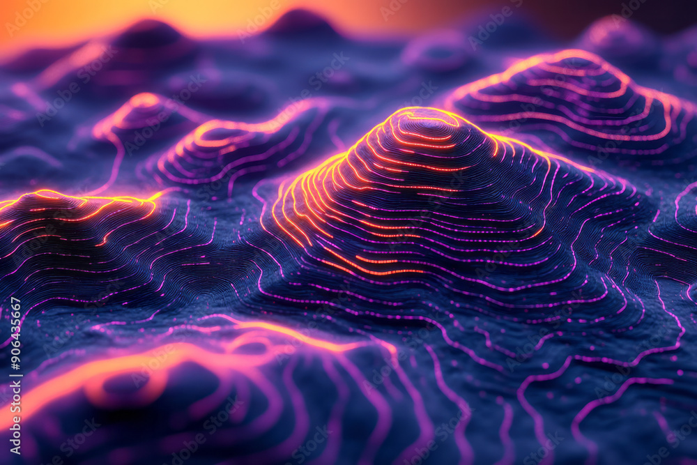 Poster minimalist image of neon orange and purple topographic lines, creating a visually captivating abstra
