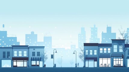 Minimalism illustration, silhouette of a chic metro city district with upscale shops and cafes, flat illustration on light blue background, empty copy space, lofi style illustration 