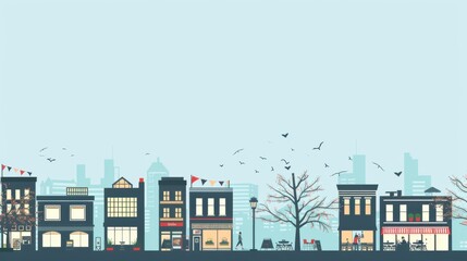 Obraz premium Minimalism illustration, silhouette of a chic metro city district with upscale shops and cafes, flat illustration on light blue background, empty copy space, lofi style illustration 