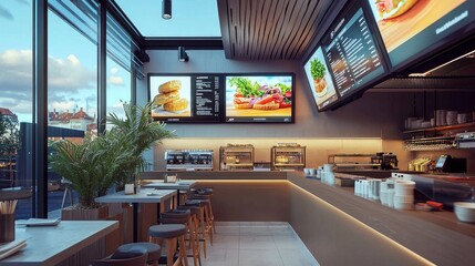 Blank mock up for menu board display screen, for restaurant cafe food business. Warm cozy atmosphere