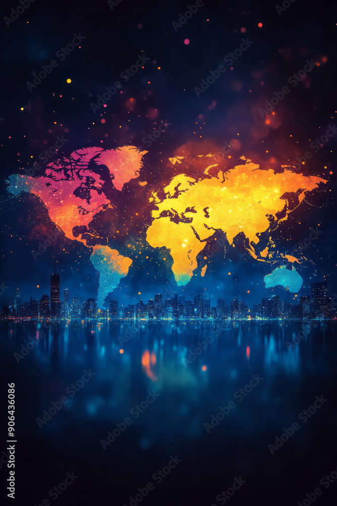 Poster minimalist aesthetic of an abstract world map with small, colorful dots illuminating the dark canvas