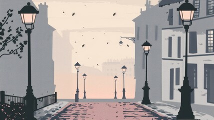 Minimalism illustration, silhouette of a charming Parisian street with street lamps and cobblestone paths, flat illustration on pastel gray background, empty copy space, lofi style illustration 