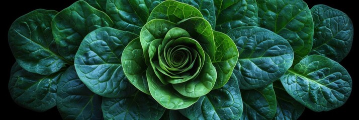 Obraz premium Green Spinach Leaves Forming a Stunning Spiral Rose Pattern