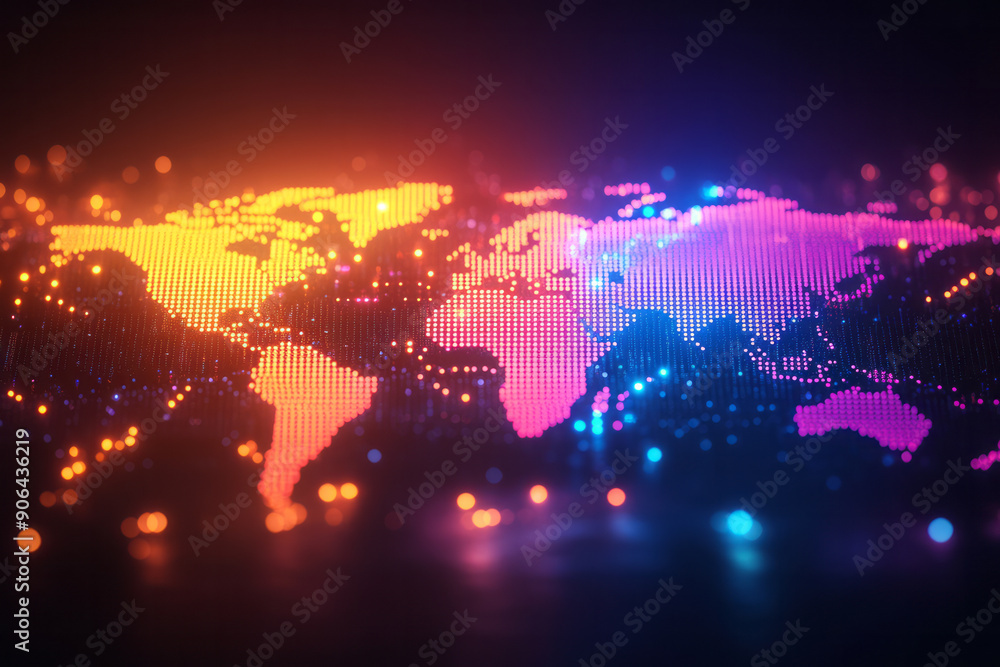 Poster elegant representation of a dotted world map with multicolored spots, creating a dynamic effect on a